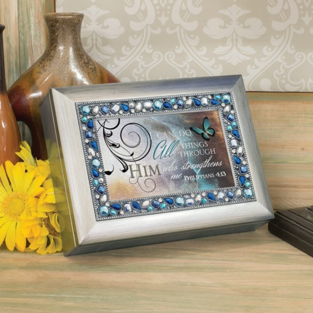 “Can Do All Thing Through Him” Brushed Silvertone Jeweled Music Box